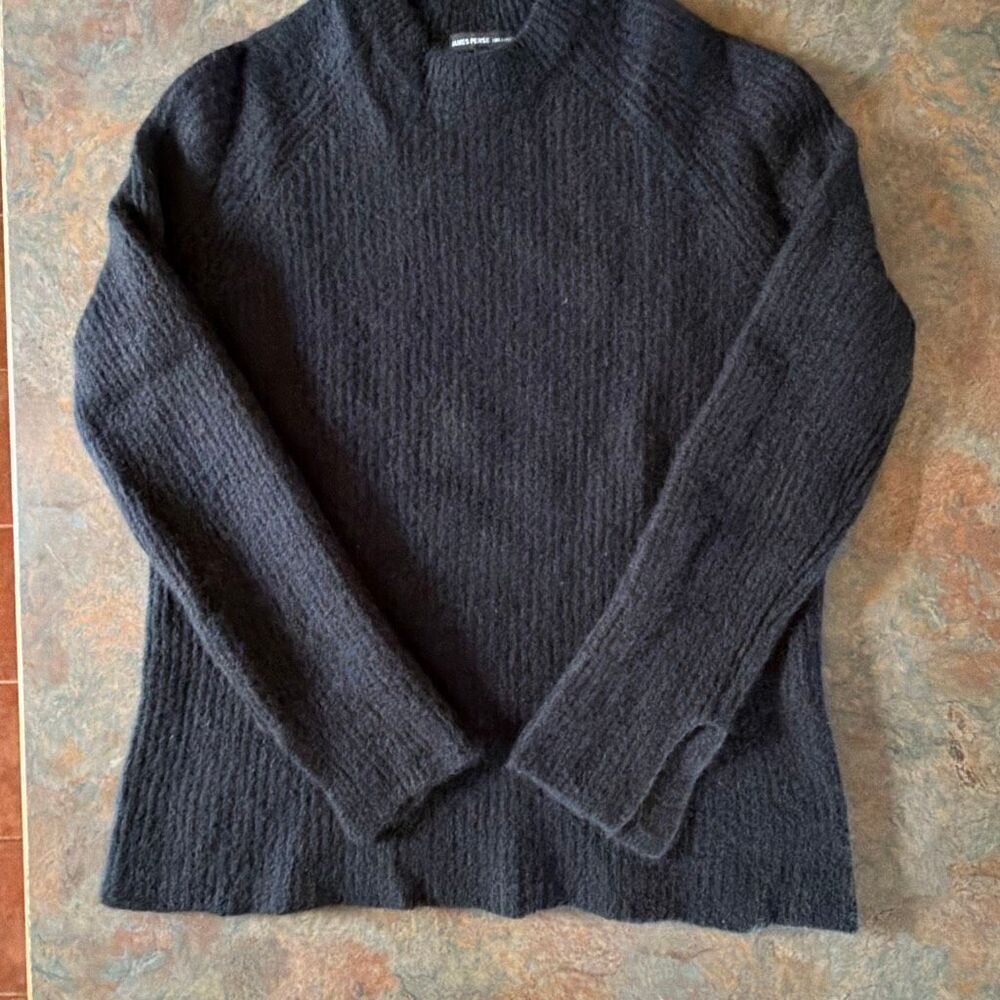 James Perse Los Angeles Cashmere Navy Funnel Neck Ribbbed Sweater with Raglan Sl